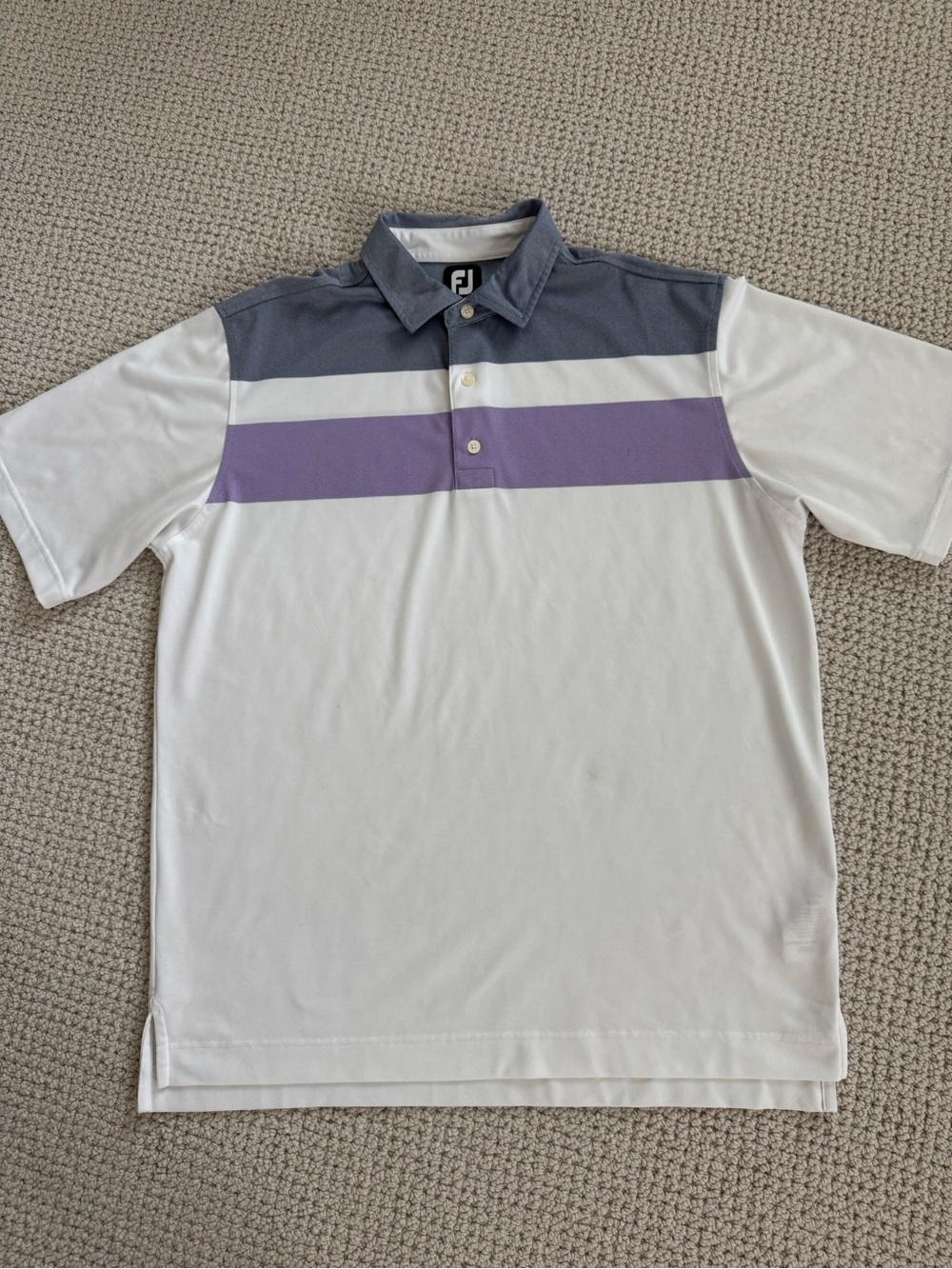 FootJoy White Golf Polo with Gray and Purple Chest Stripes